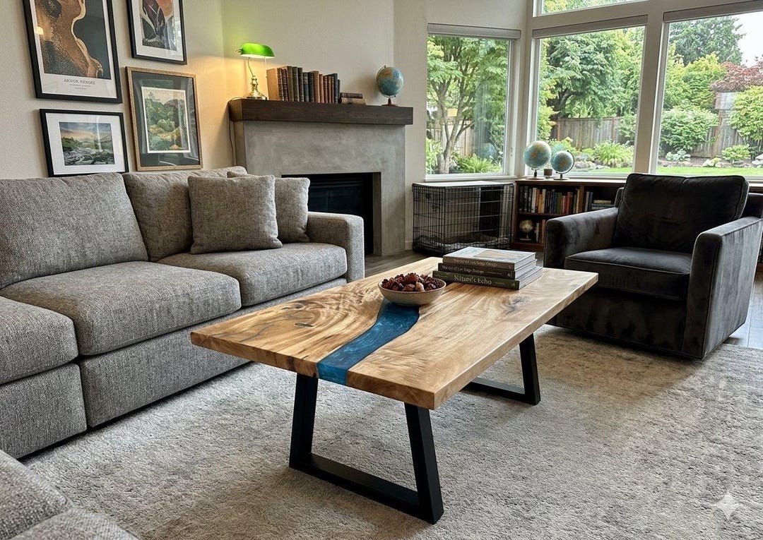 CUSTOM USA Maple Coffee Table, Live Edge Slab With Turquoise Blue