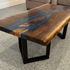 CUSTOM USA Walnut Coffee Table, Live Edge Slab with Blueblood Epoxy Inlay