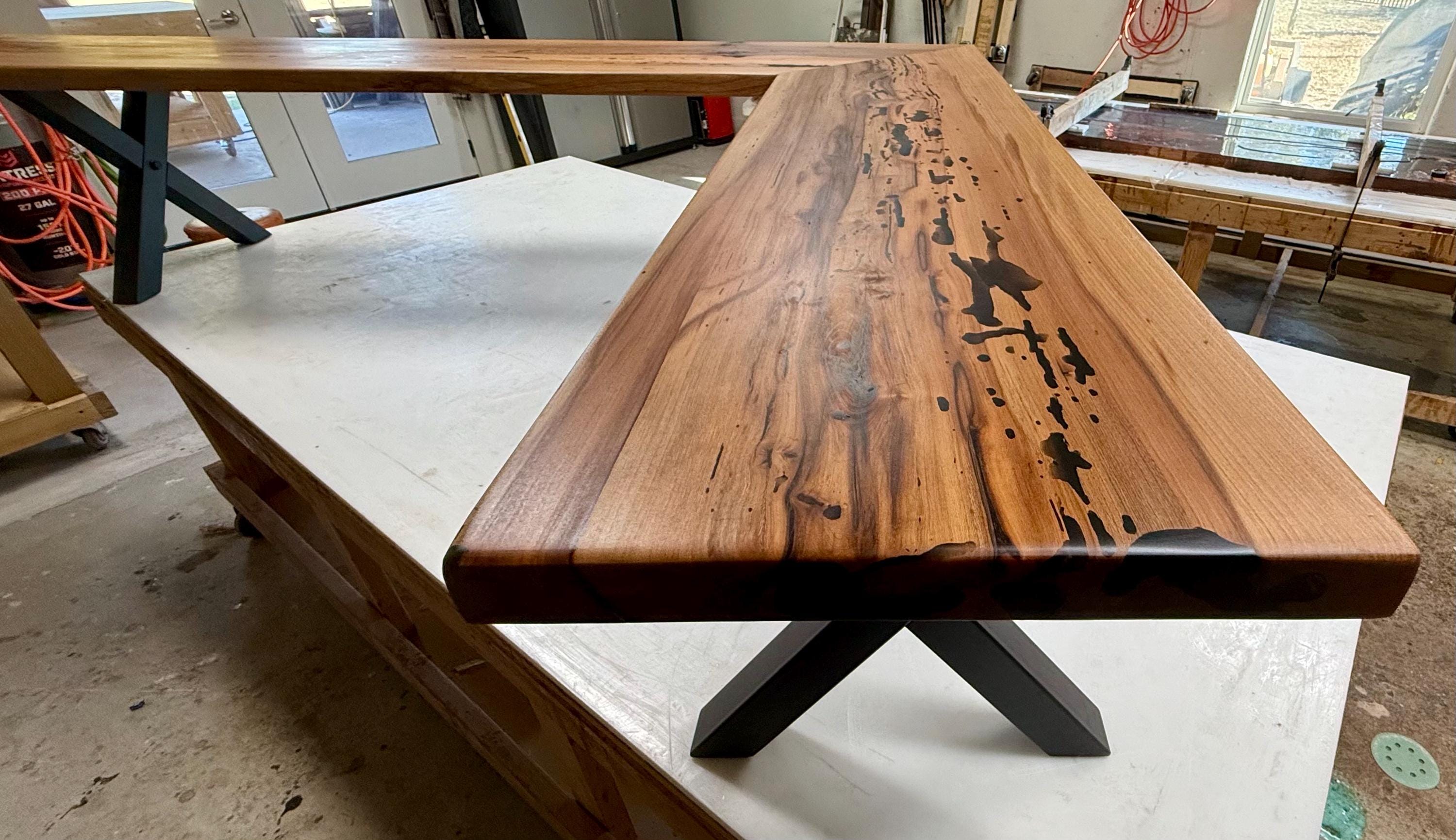 CUSTOM USA Spalted Pecan Live Edge L Bench, Black Epoxy Inlay - Etsy
