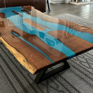 CUSTOM ORDER! USA-Mesquite Glossy Coffee Table, Live Edge Slab with Blue/Green Epoxy Inlay