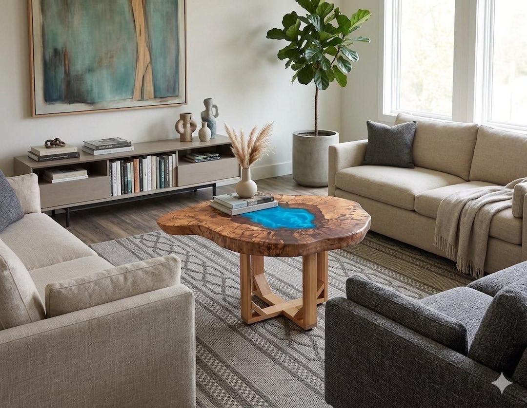 CUSTOM USA Pecan Side/end Table, Live Edge Slab With Pacific Blue