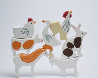 Montessori wooden farm animal set - Rural life figurines - Wood animal collection - Farmhouse decoration - Housewarming or baby shower gift
