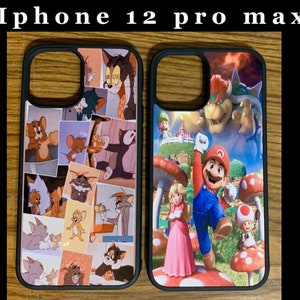 May include: Two iPhone 12 Pro Max phone cases. One case features a collage of Tom and Jerry cartoon images. The other case features a Mario and Luigi video game scene with Mario jumping in the air.