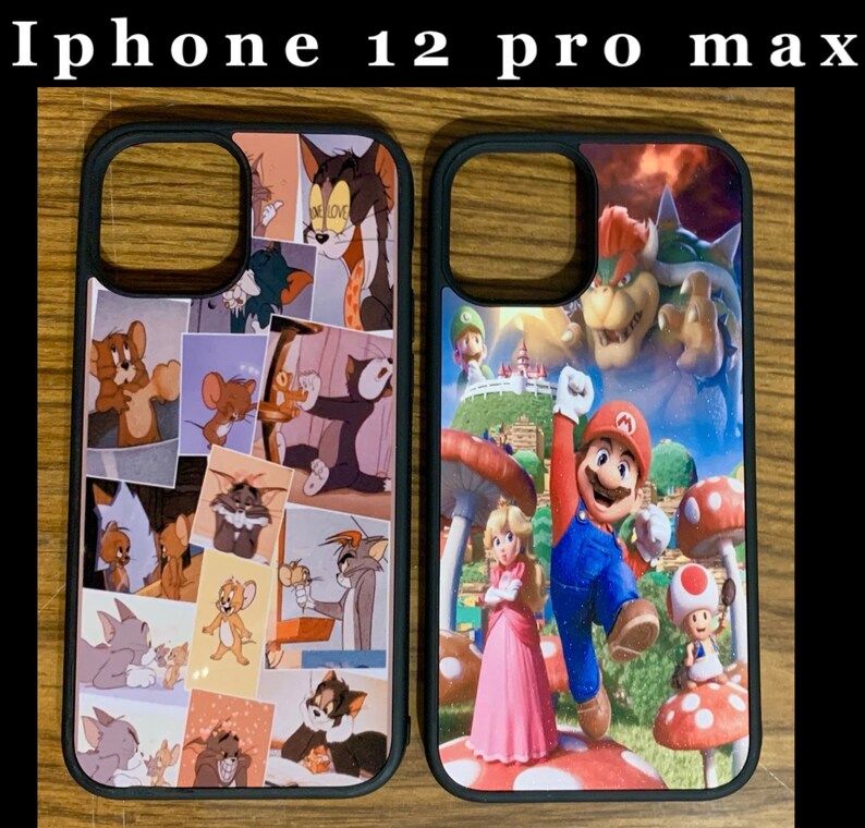 May include: Two iPhone 12 Pro Max phone cases. One case features a collage of Tom and Jerry cartoon images. The other case features a Mario and Luigi video game scene with Mario jumping in the air.