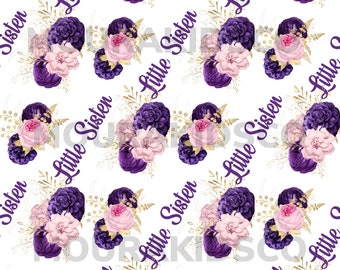 May include: A repeating pattern on a white background featuring clusters of dark purple and light pink roses, accented with gold foliage. The text "Little Sister" is printed in a purple script font diagonally across the floral arrangements.