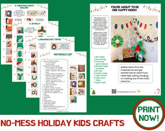 Op de afbeelding: Een printbare set met instructies voor het maken van kindvriendelijke kerst knutselwerk zonder knoeien. De knutselwerkjes omvatten een kerstlichtjeskrans, 3D-hulst, ornament/cadeautopper, tekenopdrachten, een grote papieren sneeuwvlok, een papieren krans, kerstkaarten en papieren sneeuwvlokken. De instructies bevatten een materialenlijst en een stapsgewijze handleiding voor elk knutselwerkje. De tekst "You're about to be one happy kiddo!" en "Print Now!" zijn ook in de afbeelding opgenomen.