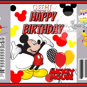 May include: A red, yellow, and black birthday party favor bag featuring Mickey Mouse. The bag has a nutrition facts label with the text "CHEEATO HAPPY BIRTHDAY" and "MICKEY MOUSE".