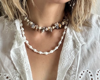 Beach shell choker necklace• seashell necklace•beaded neutral choker necklace•gifts for her