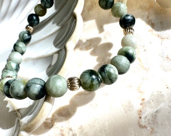 Green jade stone beaded bracelet •14k gold filled•waterproof•jade stone beads bracelet•