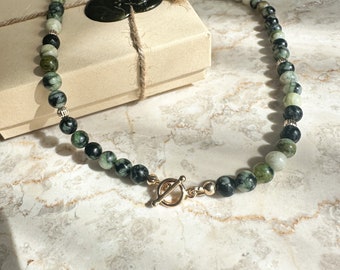 Dark green jade beaded necklace•14k gold filled•unique jade stone beads waterproof choker necklace•