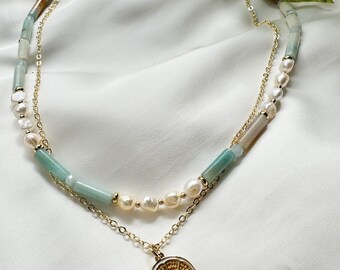 Citroen bedelketting • Amazoniet, parel en goudgevulde gelaagde ketting
