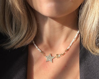 Parelmoer choker • 14k gold filled starburst-ketting