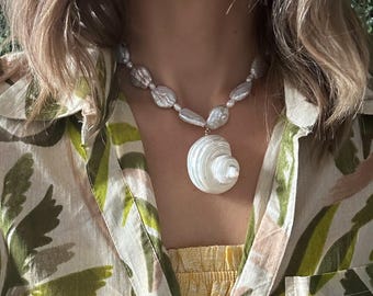 Shell necklace • pearled shell pendant • baroque pearls • organic shaped necklace • summer jewelry