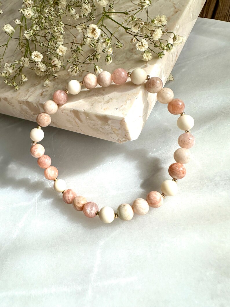 Neutral beaded braceletgenuine sunstone beads waterproof bracelet14k gold filledgifts for her image 5