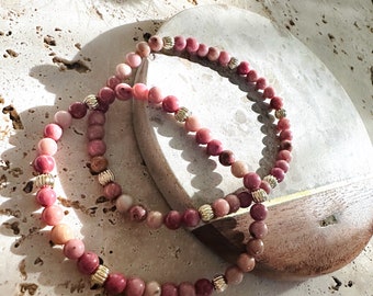 Pink beaded bracelet•Earthy pink Rhodonite beads•14k gold•waterproof jewelry•