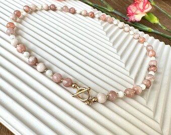 Neutral sunstone beaded necklace•gemstones beaded choker necklace•14k gold filled•Mother of Pearl waterproof choker necklace•