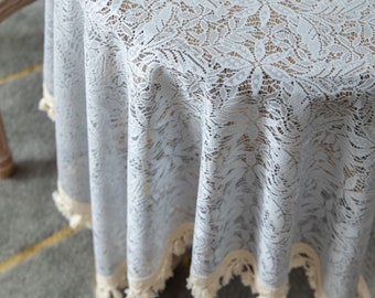 Fog Blue Gray Tablecloth With Tassel/Vintage Floral Lace Tablecloth/Framhouse table cover/Round Tablecloth Rectangle/Cotton tablecloth