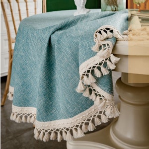 Tovaglia rettangolare in cotone e lino, tovaglia rotonda/con frange in lino, tovaglia blu/decorazione da tavola per feste/tovaglia in lino, tovaglia grigia/beige