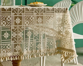 Bohemia tablecloth Rectangle/Lace Cotton Woven Openwork Table Cover/Beige tablecoth/Tassel tablecloth/farmhouse Vintage Home Decor