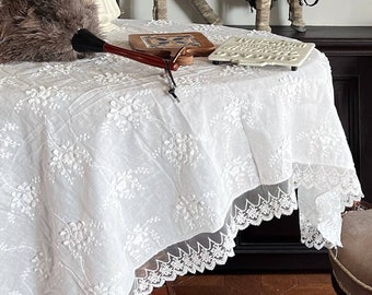 Classic White Lace Wedding Tablecloth|Floral Lace Embroidered Tablecloth|100% Cotton Table Cover|Custom Farmhouse Round Tablecloth