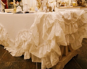 French Lace Rectangle Tablecloth/100% Cotton Table Cover/White Lace Wedding Tablecloth/Custom Farmhouse Round Tablecloth