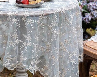 French Floral Lace Embroidered Tablecloth/100% Cotton Table Cover/Classic White Lace Wedding Tablecloth/Farmhouse Round Tablecloth Rectangle