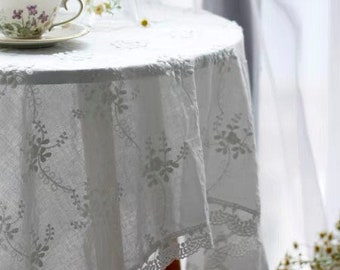 Classic White Lace Wedding Tablecloth/Floral Lace Embroidered Tablecloth/100% Cotton Table Cover/Farmhouse Round Tablecloth/White tablecloth