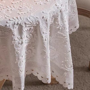 French Floral Embroidered Vintage Country Wedding Tablecloth/White Lace Tablecloth/Outdoor Cotton Table Decor/Rectangle Round Table Cover