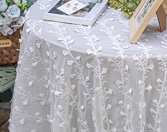 White Floral Embroidered Lace Tablecloth/French Vintage Country Wedding Tablecloth/Cotton Table Decor/Custom Tablecloth Rectangle