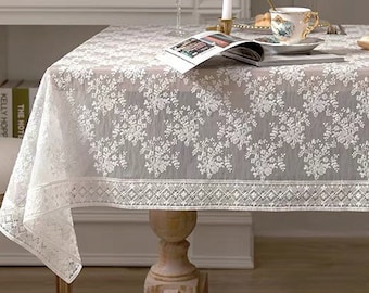 Flower Lace Embroidered White Tablecloth/Wedding Tablecloth/100% Cotton Tablecloth Table Cover/Round Farmhouse Tablecloth Rectangle