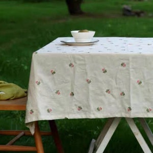 100% Linen tablecloth/Floral Embroidery Tablecloth/Customized Tablecloth Rectangle/Indoor Outdoor Party Table Decor/Beige tablecloth