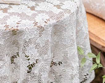 French White Lace Tablecloth/Floral hollow out Vintage Country Wedding Tablecloth/100% Cotton Table Decor/Round tablecloth/Custom tablecloth