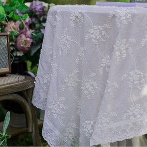 White Lace Tablecloth/French Floral Embroidered Tablecloth/Wedding tablecloth/Outdoor Cotton Table Decor/Rectangle Table Cover Square image 1