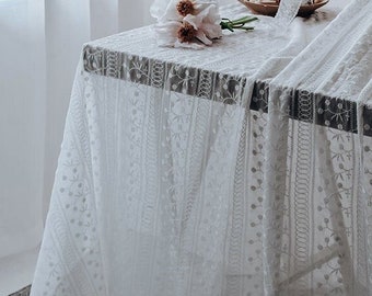 Classic Floral Lace Embroidered Tablecloth Rectangle/100% Cotton Table Cover/White Lace Wedding Tablecloth Round/Custom Tablecloth Farmhouse