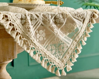 Boho Tischdecke Rechteck/Beige Baumwolltischdecke Quaste Spitze gewebte durchbrochene Tischdecke/Tischdecke Runder Tisch Quadrat Wohnkultur Tischabdeckung