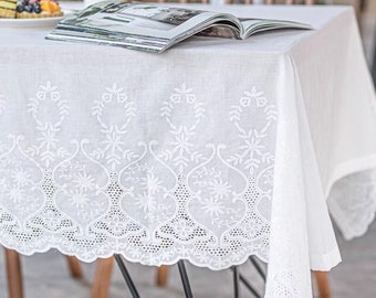 French Floral Lace Embroidered Rectangle Tablecloth/White Lace Wedding Tablecloth/100% Cotton Table Cover/Custom Farmhouse Round Tablecloth