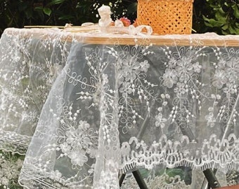 White Floral Embroidered Lace Tablecloth/Wedding Tablecloth/100% Cotton Table Cover/Custom Tablecloth Rectangle/Cotton tablecloth