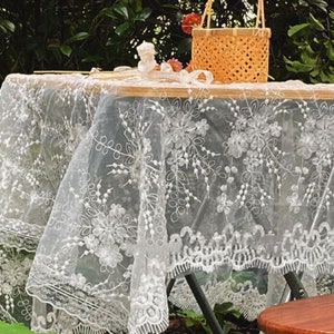 White Floral Embroidered Lace Tablecloth/Wedding Tablecloth/100% Cotton Table Cover/Custom Tablecloth Rectangle/Cotton tablecloth
