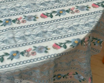 Vintage Country Lace Tablecloth,Retro Floral Embroidered Blue Tablecloth Rectangle Cotton Table Cover/Custom Tablecloth/Weeding Table Decor