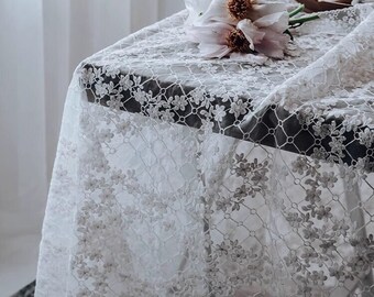 Floral Lace Embroidered Tablecloth/Custom White Lace Wedding Tablecloth/100% Cotton Table Cover/Beige Farmhouse Round Tablecloth Rectangle