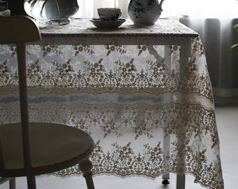 Beige French Floral Embroidered Tablecloth/White Lace Tablecloth/Wedding tablecloth/Outdoor Cotton Table Decor/Rectangle Table Cover Square