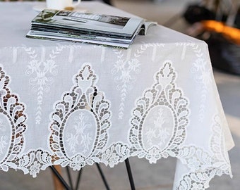 White Lace Wedding Tablecloth Cotton Table Cover/French Floral Lace Embroidered Rectangle Tablecloth/Custom Farmhouse Round Tablecloth