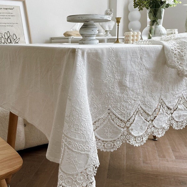 Rektangulär bordsduk med broderad fransk blomspets/Bordduk i 100 % bomull/Bröllopsduk i vit spets/Rund bordsduk i lantlig stil