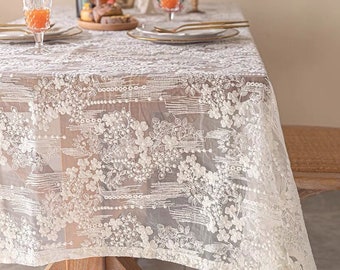White Embroidered Lace Tablecloth/French Floral tablecloth/Vintage Country Wedding Tablecloth/Outdoor Party Table Decor Rectangle tablecloth