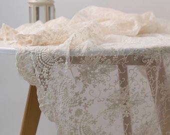 Custom Floral Lace Embroidered Tablecloth/White Lace Wedding Tablecloth/100% Cotton Table Cover/Beige Farmhouse Round Tablecloth Rectangle