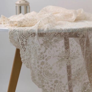 Custom Floral Lace Embroidered Tablecloth/White Lace Wedding Tablecloth/100% Cotton Table Cover/Beige Farmhouse Round Tablecloth Rectangle