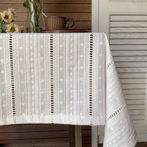 Boho blanco 100% algodón mantel rectangular cubierta de mesa/decoración de tela de mesa de centro/mantel personalizado/cubierta de mesa hueca de granja imagen 1