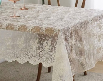 Floral Lace Embroidered Tablecloth/French White Lace Wedding Tablecloth Rectangle/100% Cotton Table Cover/Farmhouse Round Tablecloth Custom
