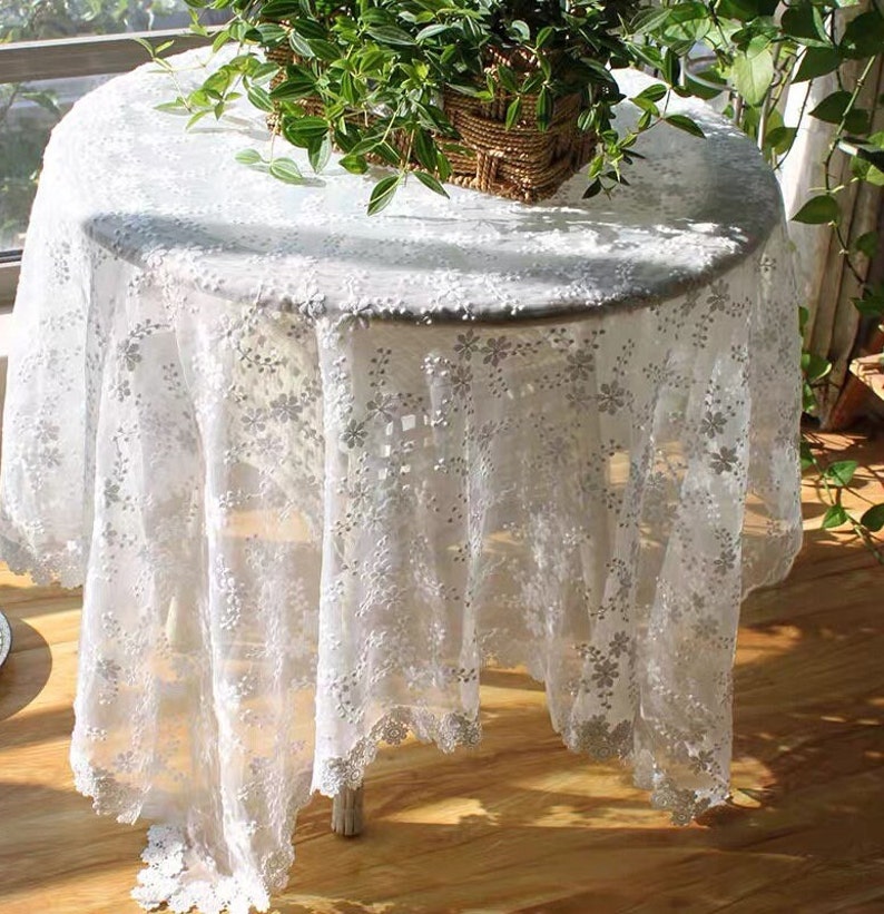 Klassisk vit spetsduk för bröllop/broderad fransk blommig spetsduk/duk i 100 % bomull/rund duk i lantlig stil bild 2