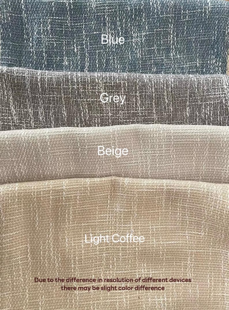May include: Four fabric swatches in different colors: blue, gray, beige, and light coffee. The swatches are arranged in a stack, with the blue swatch on top and the light coffee swatch on the bottom. The text "Due to the difference in resolution of different devices there may be slight color difference" is printed at the bottom of the image.